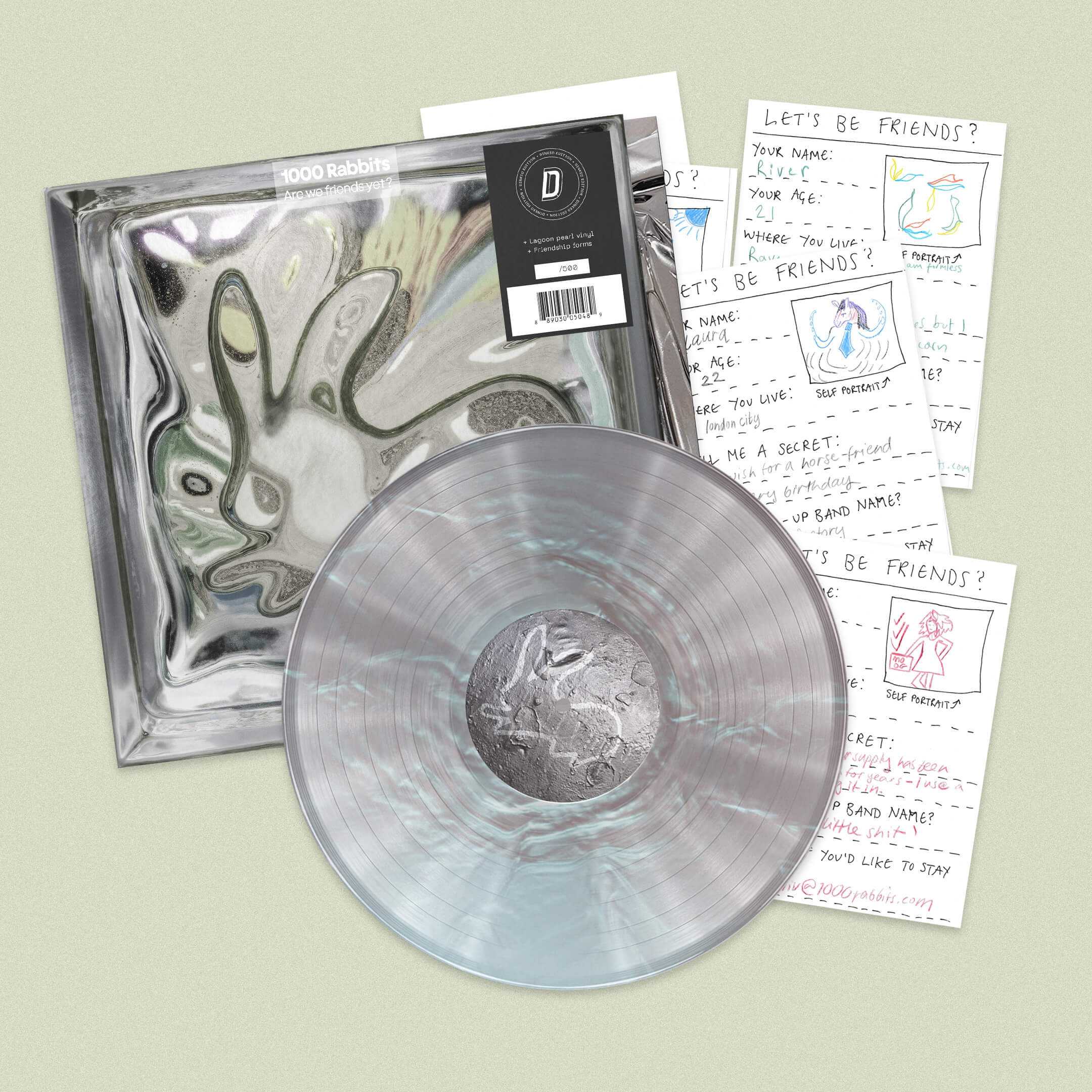 1000 RABBITS, Are we friends yet? (YOUNG; YO504TE, UK 2026, “Pearl lagoon” colour vinyl, Set of 5 A5 friendship forms, 1 blank friendship form + instructions, Numbered edition, Limited press LP NEW/NEW - PRE-ORDER