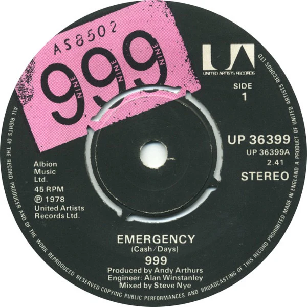 999, Emergency (United Artists Records Knock-Out Centre, Side 1 / Side 2 On Labels; UP 36399, UK 1978, Picture Sleeve) 7" VG/VG - Image 3