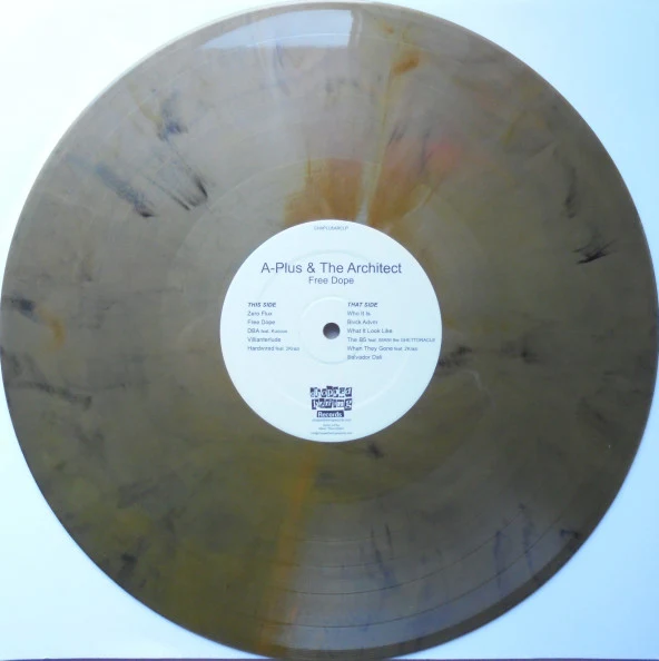 A-PLUS & THE ARCHITECT, Free Dope (Chopped Herring Records; CHAPLU5ARCLP, UK 2020, Stickered Plain Sleeve, Black/Gold Vinyl) 12" EP VG/VG+ - Image 2