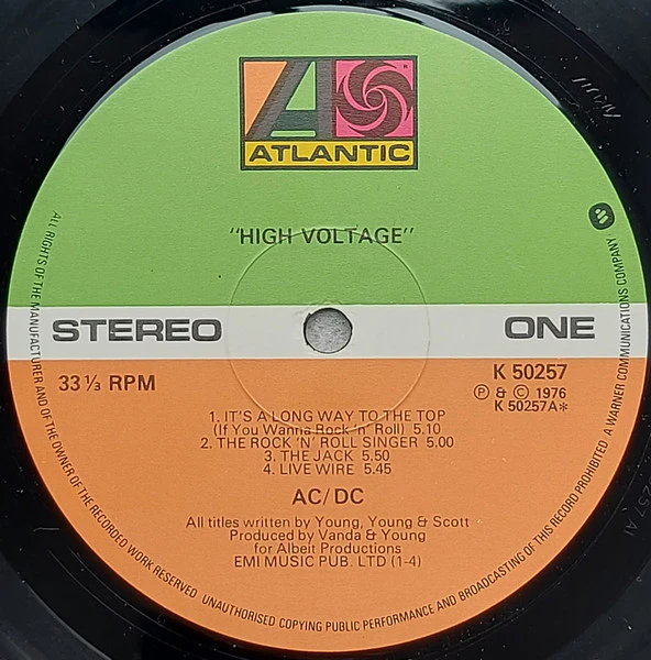 AC/DC, High Voltage (Atlantic Green & Orange With W In Rim Text; K 50257, UK 1970s Reissue, Strawberry Matrices) LP G+/G+ - Image 3