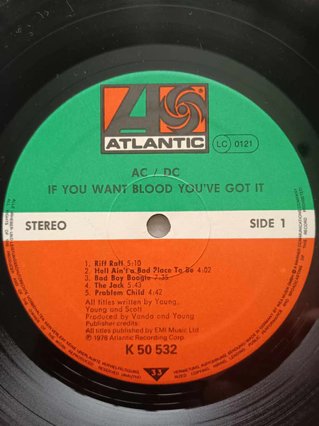 AC/DC, If You Want Blood You've Got It (Atlantic Green & Orange Labels; K 50 532, UK 1980s Reissue, No GEMA on Labels, LC in Top Right of Labels) LP VG/VG - Image 3