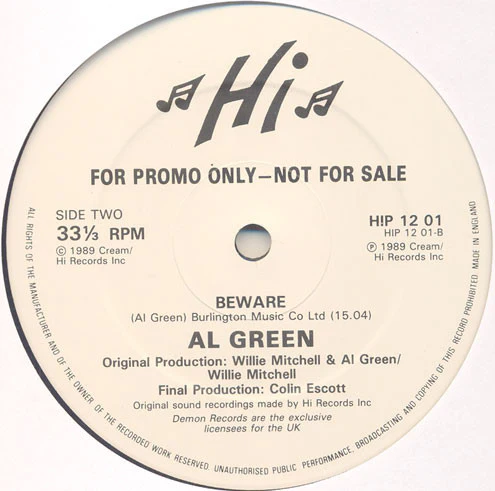 AL GREEN, Love Ritual (Bwana Mix) (Hi Records; HIP 12 01, UK 1989, Promo, Stamped Sleeve, Inner), SALE - Up to 50% Off the Original Price  12" EP VG+/VG+ - Image 2