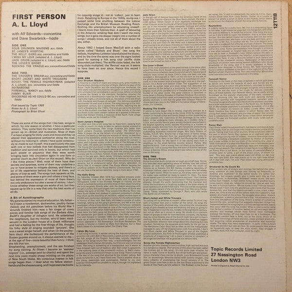A.L LLOYD, First Person - Some Of His Favourite Folk Songs (Topic Blue Label; 12T118, UK 1966, Laminated Front Sleeve, Mono) LP VG+/VG+ - Image 2