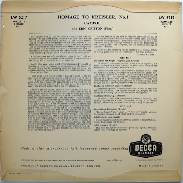 ALFREDO CAMPOLI, ERIC GRITTON, Homage to Kreisler No.1 (Decca; LW 5217, UK 1957, Laminated Scalloped Flipback Sleeve) 10" LP VG+/VG+ - Image 2