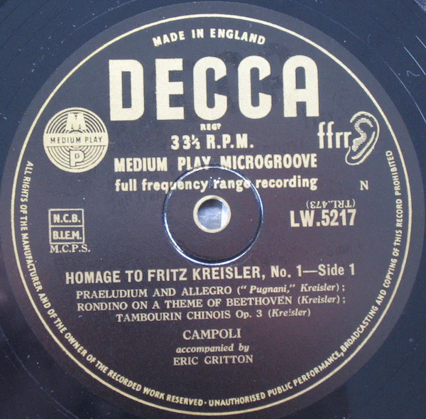 ALFREDO CAMPOLI, ERIC GRITTON, Homage to Kreisler No.1 (Decca; LW 5217, UK 1957, Laminated Scalloped Flipback Sleeve) 10" LP VG+/VG+ - Image 3