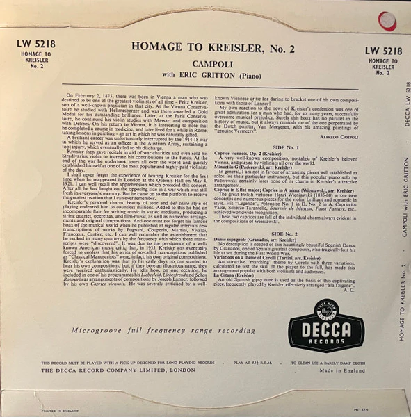 ALFREDO CAMPOLI, ERIC GRITTON, Homage to Kreisler No.2 (Decca; LW 5218, UK 1957, Laminated Scalloped Flipback Sleeve) 10" LP VG+/VG+ - Image 2