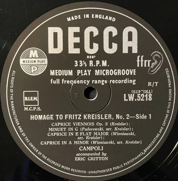 ALFREDO CAMPOLI, ERIC GRITTON, Homage to Kreisler No.2 (Decca; LW 5218, UK 1957, Laminated Scalloped Flipback Sleeve) 10" LP VG+/VG+ - Image 3