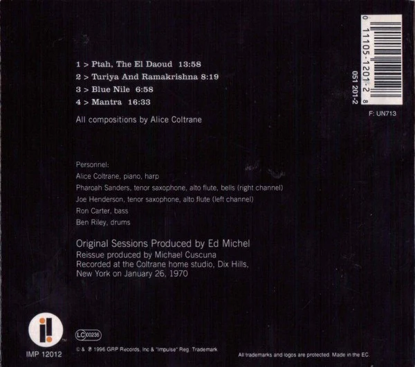 ALICE COLTRANE, Ptah, The El Daoud (Impulse!; IMP 12012, Europe 1996 Reissue, Digipak, Booklet) CD VG+/VG+ - Image 2