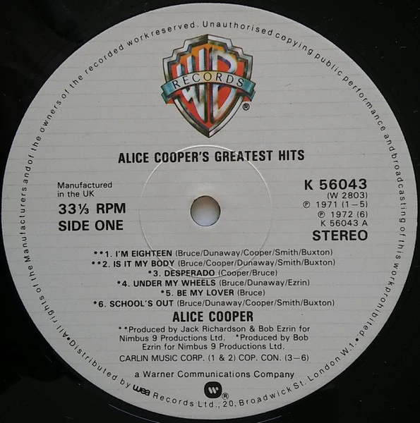 ALICE COOPER, Alice Cooper's Greatest Hits (Warner Bros. Records; K 56043, UK 1970s Reissue, Manufactured in the UK on Labels, Space Between Last Two Lines of Text on Labels) LP VG/VG - Image 3
