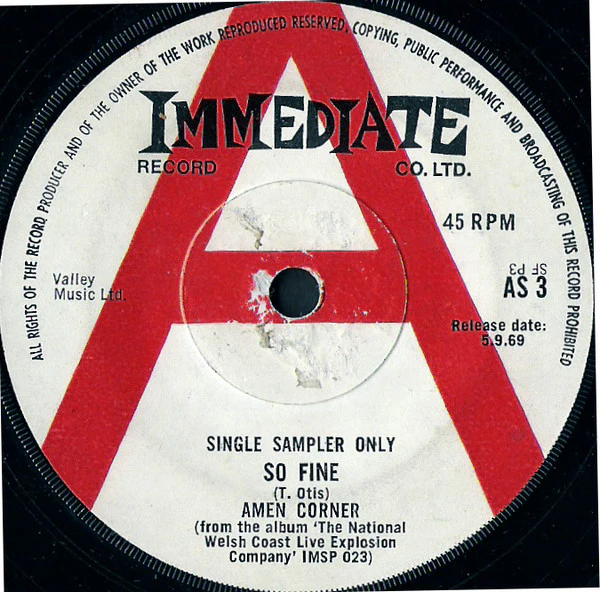 AMEN CORNER, So Fine (Immediate; AS 3, UK 1969, Promo Sampler) 7" /VG
