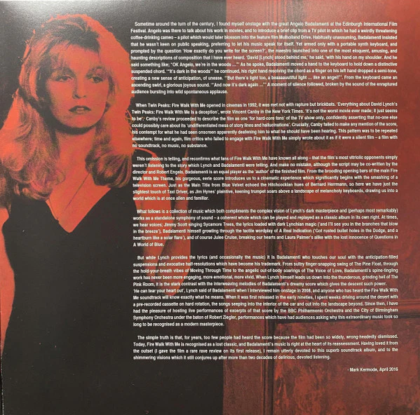ANGELO BADALAMENTI, Twin Peaks Fire Walk With Me (Death Waltz; DW51, US 2017 Reissue, Die Cut Slipcase with Gatefold Sleeve, Red / Black Marbled [Cherry Pie] Vinyl, With OBI) 2xLP VG+/VG+ - Image 2