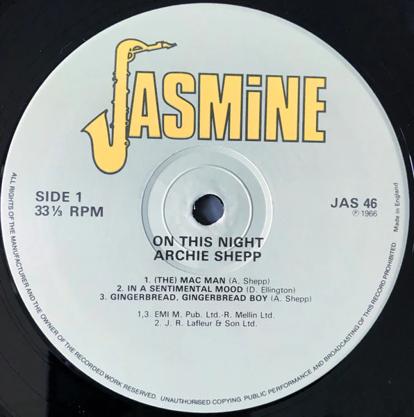 ARCHIE SHEPP, On This Night (Jasmine Records; JAS 46, UK 1982 Reissue) LP G+/VG+ - Image 3