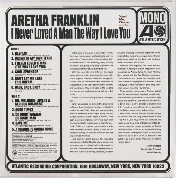 ARETHA FRANKLIN, I Never Loved A Man The Way I Love You (Atlantic; 8139, US 2019 Reissue, Pasteback Sleeve, Booklet, Print, Mono, 180 Gram Purple/White Vinyl, Vinyl Me Please exclusibe, with LP VG+/VG+ - Image 2