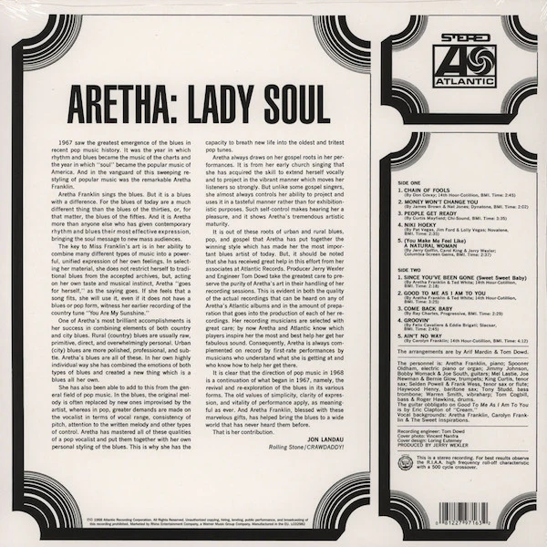 ARETHA FRANKLIN, Lady Soul (Atlantic; RCV1 8176, US 2023 Reissue, Clear Vinyl) LP NEW/NEW - Image 2