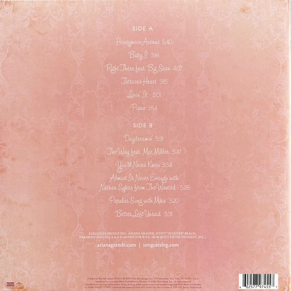 ARIANA GRANDE, Yours Truly (Republic Records; 00602577974557, USA, Canada & Europe 2019, Clear & White Swirl vinyl) LP VG+/VG+ - Image 2
