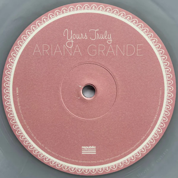 ARIANA GRANDE, Yours Truly (Republic Records; 00602577974557, USA, Canada & Europe 2019, Clear & White Swirl vinyl) LP VG+/VG+ - Image 3