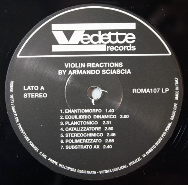 ARMANDO SCIASCIA, Violin Reactions (The Roundtable; ROMA 107 LP, Australia 2015 Reissue, Inner, With Obi) LP EX/EX - Image 3