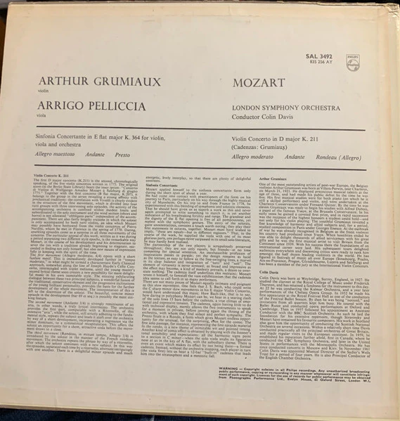 ARTHUR GRUMIAUX, ARRIGO PELLICCIA, COLIN DAVIS, LSO, Mozart: Violin Concerto K. 211 / Sinfonia Concertante K. 364 (Philips; SAL 3492, Netherlands / UK 1964, Sleeve Printed in Holland. SAL 34 LP VG+/VG+ - Image 2