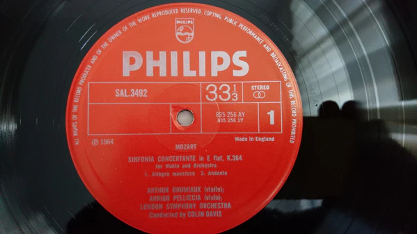 ARTHUR GRUMIAUX, ARRIGO PELLICCIA, COLIN DAVIS, LSO, Mozart: Violin Concerto K. 211 / Sinfonia Concertante K. 364 (Philips; SAL 3492, Netherlands / UK 1964, Sleeve Printed in Holland. SAL 34 LP VG+/VG+ - Image 3