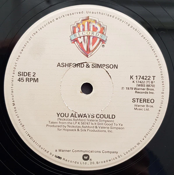 ASHFORD & SIMPSON, Found A Cure / You Always Could (Warner Bros. Records; K 17422 T, UK 1979, Company Sleeve) 12" VG/VG - Image 2