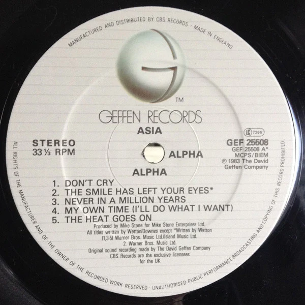 ASIA, Alpha (Geffen Records; GEF 25508, UK 1983, Insert) LP VG/VG - Image 3