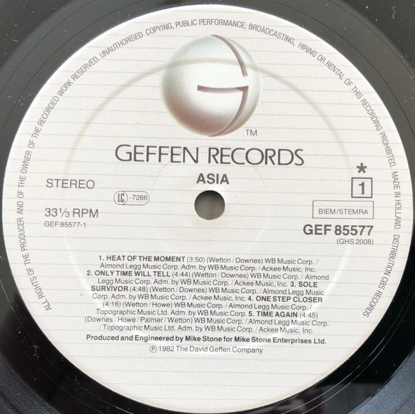 ASIA, Asia (Geffen Records; 85577, Europe 1980s Reissue, Inner, Label Rim Text Ending IN CBS Records) LP VG/VG - Image 3