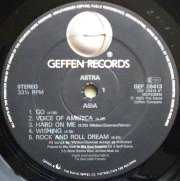 ASIA, Astra (Geffen Records; GEF 26413, UK 1985) LP VG/VG+ - Image 3