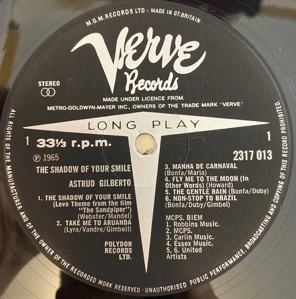 ASTRUD GILBERTO, The Shadow Of Your Smile (Verve Records; 2317 013, UK 1960s Reissue) LP VG/VG - Image 3