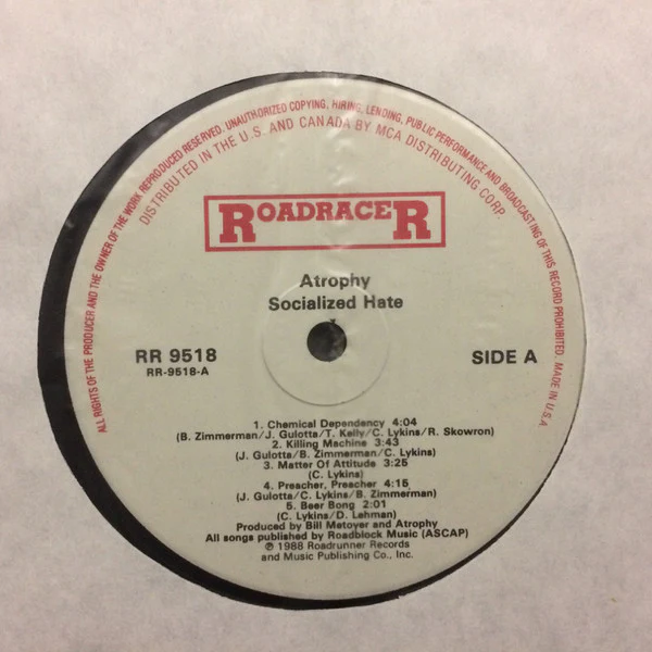 ATROPHY, Socialized Hate (Roadracer Records; RR 9518, US 1988, Inner) LP VG/VG+ - Image 3