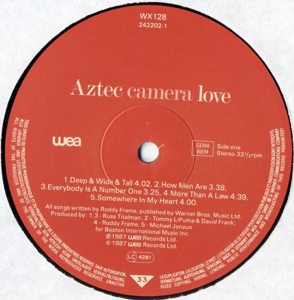 AZTEC CAMERA, Love (WEA; WX 128, Europe 1987, Inner, Three Lines Of Rim Text.) LP VG+/VG - Image 3