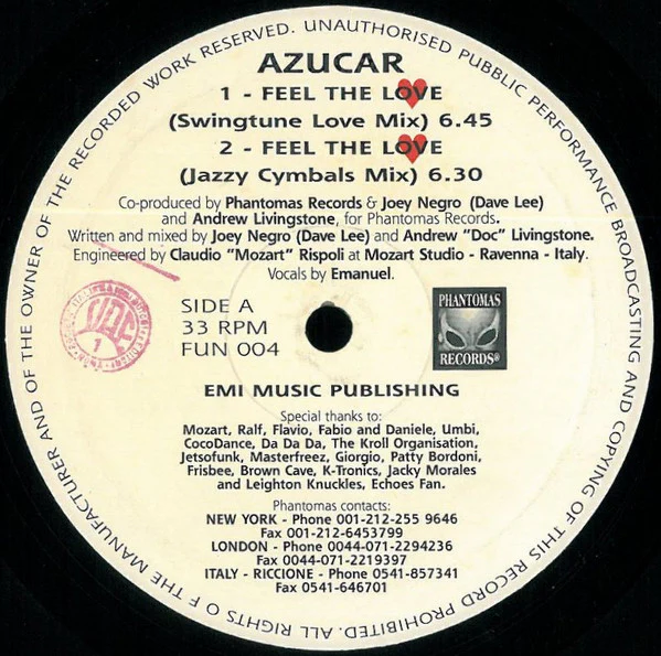 AZUCAR, Feel The Love / Da Da Da (Phantomas Records; FUN 004, Italy 1992) 12" /VG