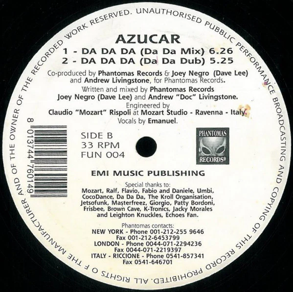 AZUCAR, Feel The Love / Da Da Da (Phantomas Records; FUN 004, Italy 1992) 12" /VG - Image 2