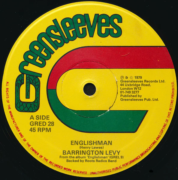 BARRINGTON LEVY / SCORCHER & ROOTS RADICS BAND, Englishman / The Daughter Them Ire (Greensleeves Records; GRED 28, UK 1979, Company Sleeve) 12" VG/G+ - Image 3