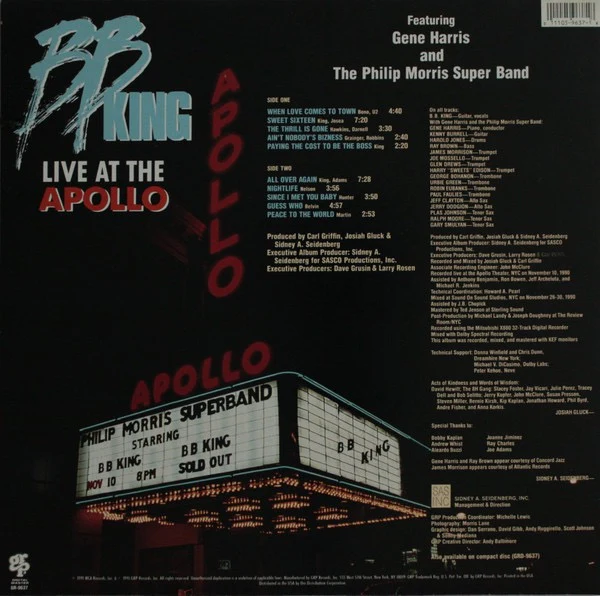 B.B. KING FEATURING GENE HARRIS AND THE PHILIP MORRIS SUPER BAND, Live At The Apollo (GRP; GR-9637, US 1991) LP VG+/VG+ - Image 2
