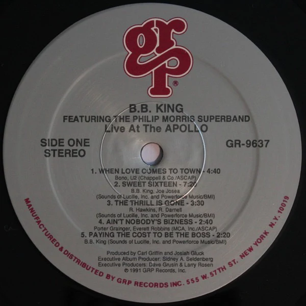 B.B. KING FEATURING GENE HARRIS AND THE PHILIP MORRIS SUPER BAND, Live At The Apollo (GRP; GR-9637, US 1991) LP VG+/VG+ - Image 3