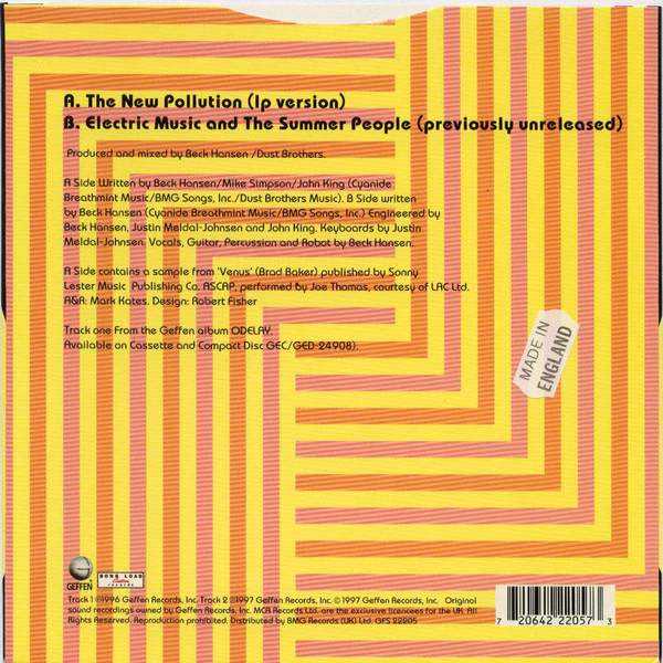 BECK, The New Pollution / Electric Music And The Summer People (Geffen; GFS 22205, UK 1997, Picture Sleeve) 7" VG+/EX - Image 2