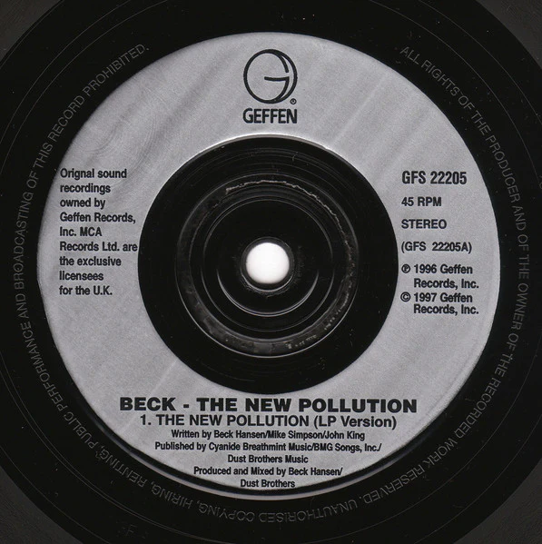 BECK, The New Pollution / Electric Music And The Summer People (Geffen; GFS 22205, UK 1997, Picture Sleeve) 7" VG+/EX - Image 3