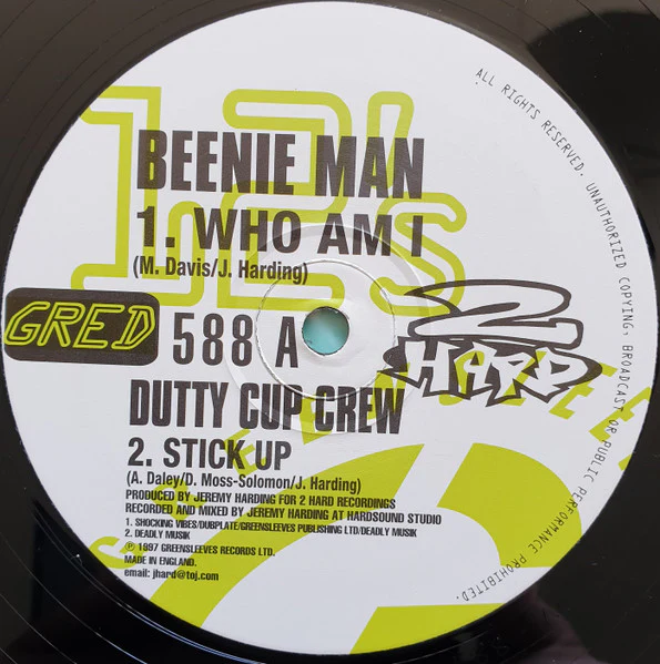 BEENIE MAN / DUTTY CUP CREW / SEAN PAUL / MR. VEGAS, Who Am I / Stick Up / Infiltrate / Nike Air (Greensleeves Records; GRED 588, UK 1997, Company Sleeve) 12" VG+/VG+ - Image 2