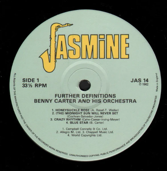 BENNY CARTER AND HIS ORCHESTRA, Further Definitions (Jasmine Records; JAS 14, UK 1980s Reissue) LP VG/VG+ - Image 3