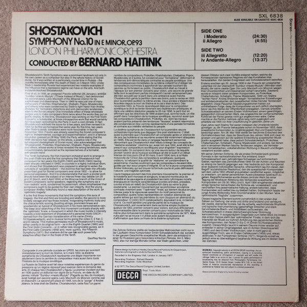 BERNARD HAITINK, LONDON PHILHARMONIC ORCHESTRA, Shostakovich: Symphony No. 10 (Decca Black Portrait Label; SXL 6838, UK 1977) LP VG+/VG+ - Image 2