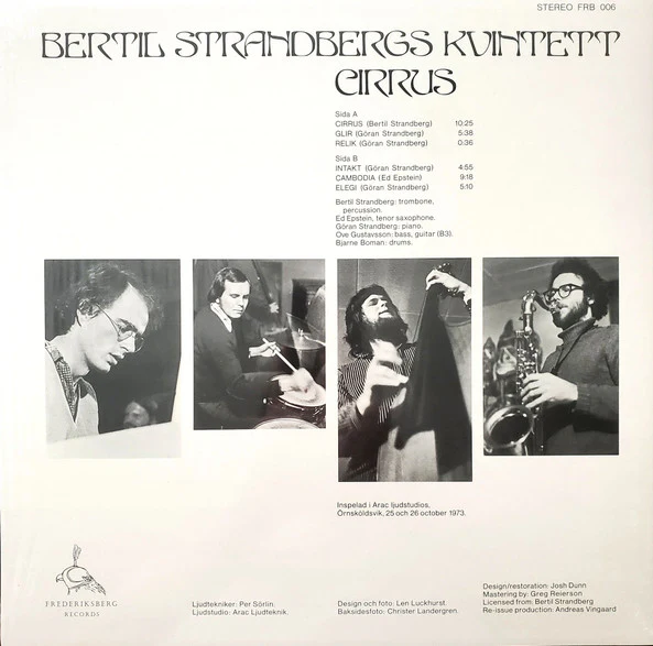 BERTIL STRANDBERGS KVINTETT, Cirrus (Frederiksberg Records; FRB 006, US 2019 Reissue, Booklet) LP VG/VG+ - Image 2