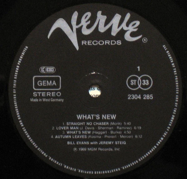 BILL EVANS & JEREMY STEIG, What's New (Verve Records ; 2304 285, Germany 1980s Reissue) LP G+/VG+ - Image 3
