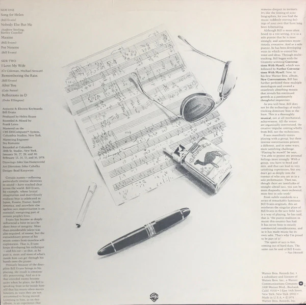 BILL EVANS, New Conversations (Warner Bros. Records; BSK 3177, US 1978, Wakefield Pressing) LP VG/VG - Image 2