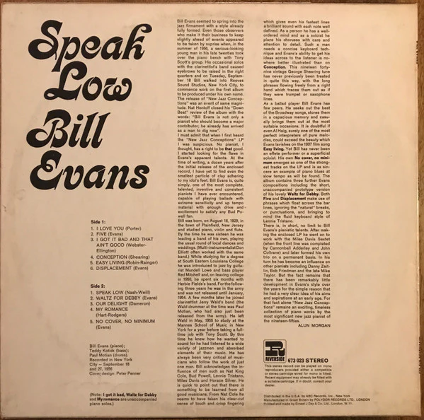 BILL EVANS, Speak Low (Riverside; 673 023, UK 1967 Reissue, Laminated Sleeve, Stereo - Reissue of New Jazz Conceptions) LP VG/VG+ - Image 2
