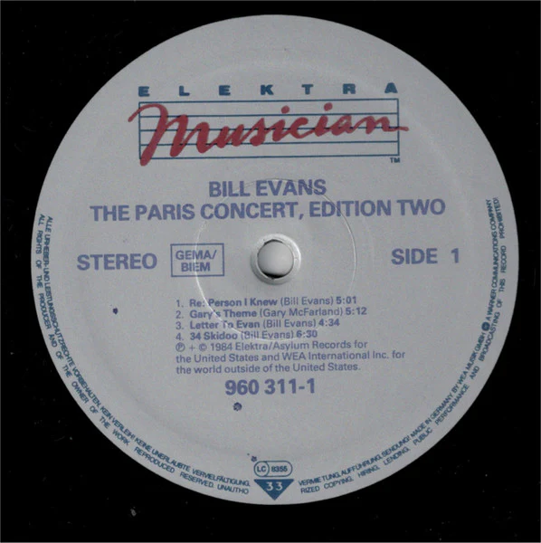 BILL EVANS, The Paris Concert (Edition Two) (Elektra Musician; 960 311-1, Europe 1980s Reissue, GEMA/BIEM on labels) LP G+/VG+ - Image 3