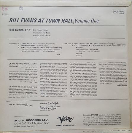 BILL EVANS TRIO, At Town Hall Vol. 1 (Verve; SVLP 9172, UK 1966, Laminated Flipback Sleeve, Stereo) LP VG/VG+ - Image 2