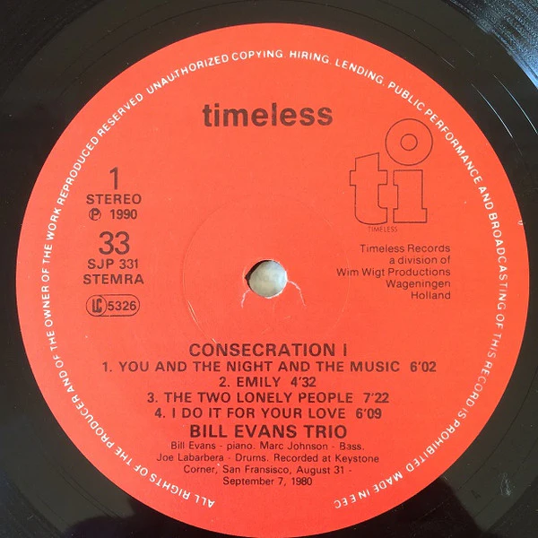 BILL EVANS TRIO, Consecration 1 (Timeless; SJP 331, Netherlands 1990, Picture Sleeve) LP VG/VG - Image 3