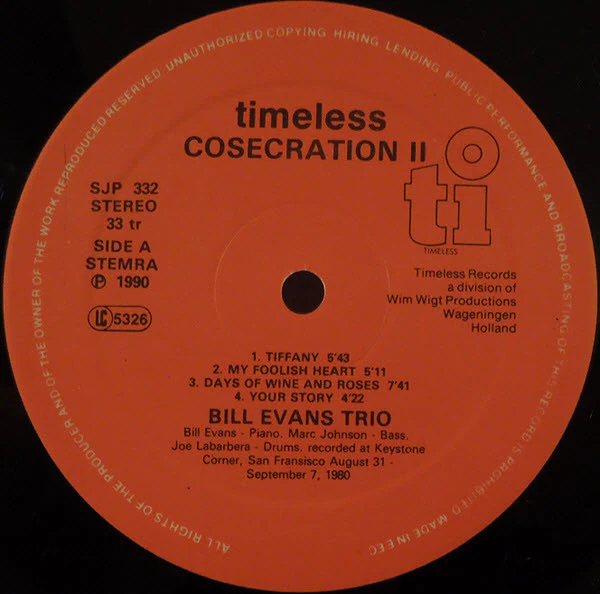 BILL EVANS TRIO, Consecration II (Timeless Records; SJP332, Netherlands 1990) LP VG/VG - Image 3