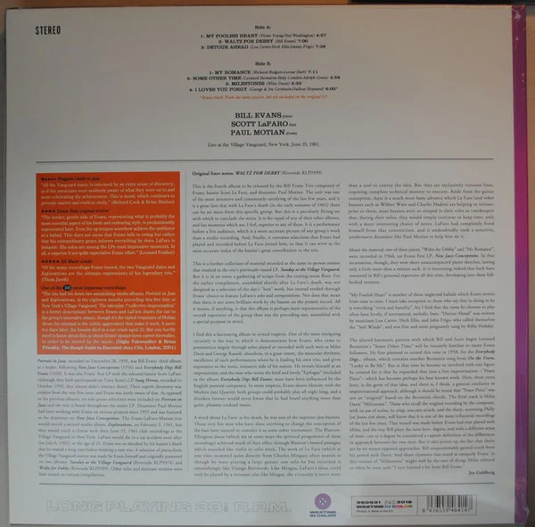BILL EVANS TRIO WITH SCOTT LAFARO, PAUL MOTIAN, Waltz For Debby (WaxTime In Color; 950621, Europe 2018 Reissue, Purple Vinyl) LP NEW/NEW - Image 2