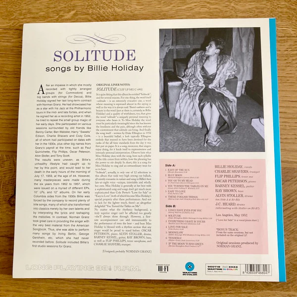 BILLIE HOLIDAY, Solitude (WaxTime In Color; 950718, Europe 2022 Reissue, Blue Vinyl) LP NEW/NEW - Image 2
